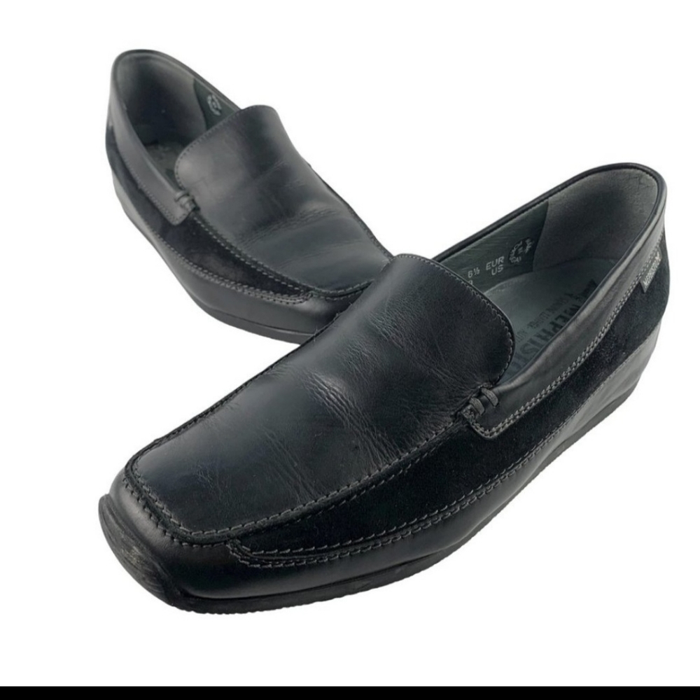 Mephisto black leather arch support wedge loafers, walking shoe. Lovell comfort